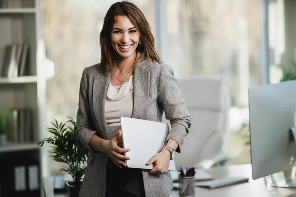 Successful Young Business Woman Holding Laptop Standing Her Office Looking — Stock Photo, Image