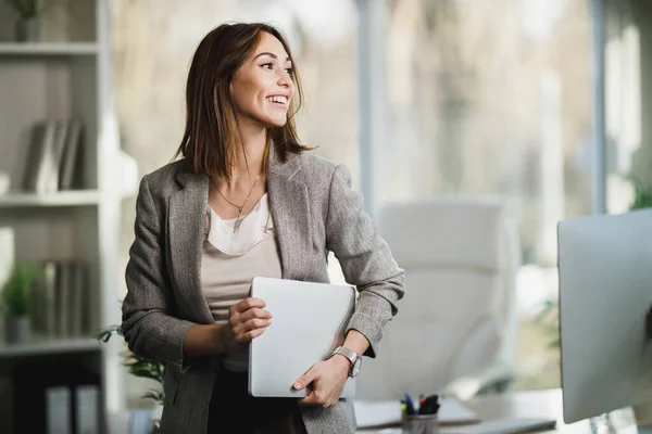 Successful Young Business Woman Holding Laptop Standing Her Office — Stock Photo, Image
