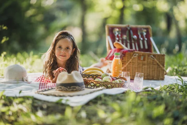 Urocza Uśmiechnięta Dziewczynka Leży Kocu Trawie Cieszy Się Dniem Pikniku — Zdjęcie stockowe