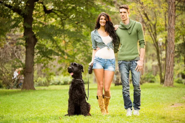 Casal jovem com um cão — Fotografia de Stock