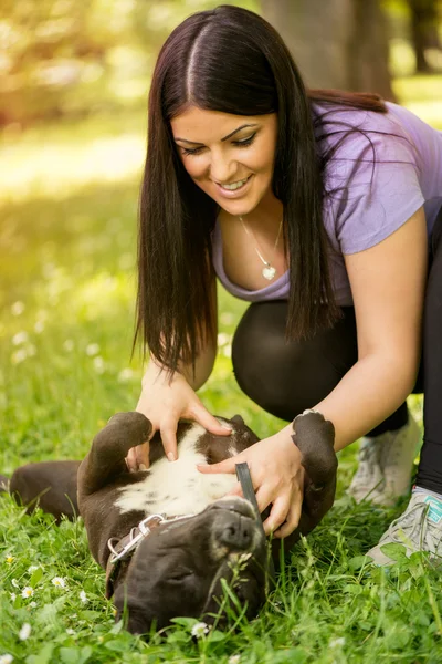 Kız köpekle oynuyor. — Stok fotoğraf