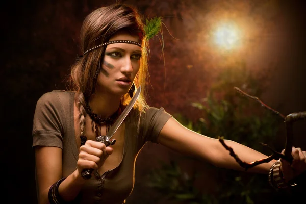 Warrior Woman With Combat Knife — Stock Photo, Image