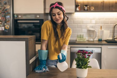 Genç, gülümseyen bir kadın masa yüzeyini temizlerken ve dezenfekte ederken günlük ev işlerini yapıyor..