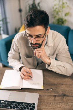 Gözlüklü genç adam evde otururken ve yazarken dizüstü bilgisayarda çalışıyor.. 