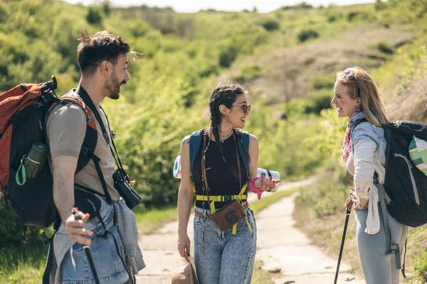 Bir grup arkadaş güneşli bir günde kır yürüyüşünde eğleniyorlar. 