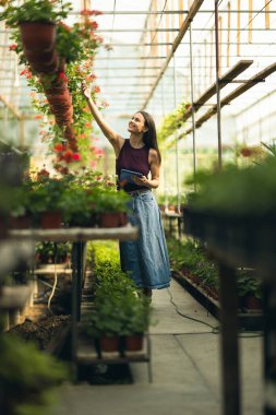 Çiçekçide durup tabletini kullanan neşeli bir genç kadın..