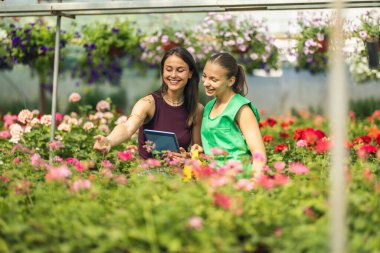 İki neşeli kadın güneşli bir seranın içinde çiçeklerle dolu canlı bir bahçenin keyfini çıkarıyorlar...
