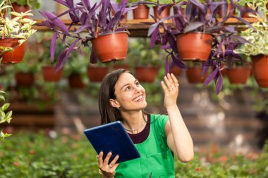 Tabletini kullanırken çiçekçide çalışan neşeli bir kadın..