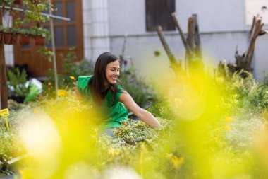 Yeşil önlük takan ve bitkilere hayran olan mutlu ve neşeli genç bir kadın..
