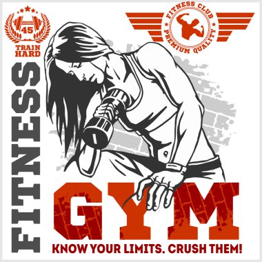 Fitness club and gym label. Athletic woman with dumbbells.