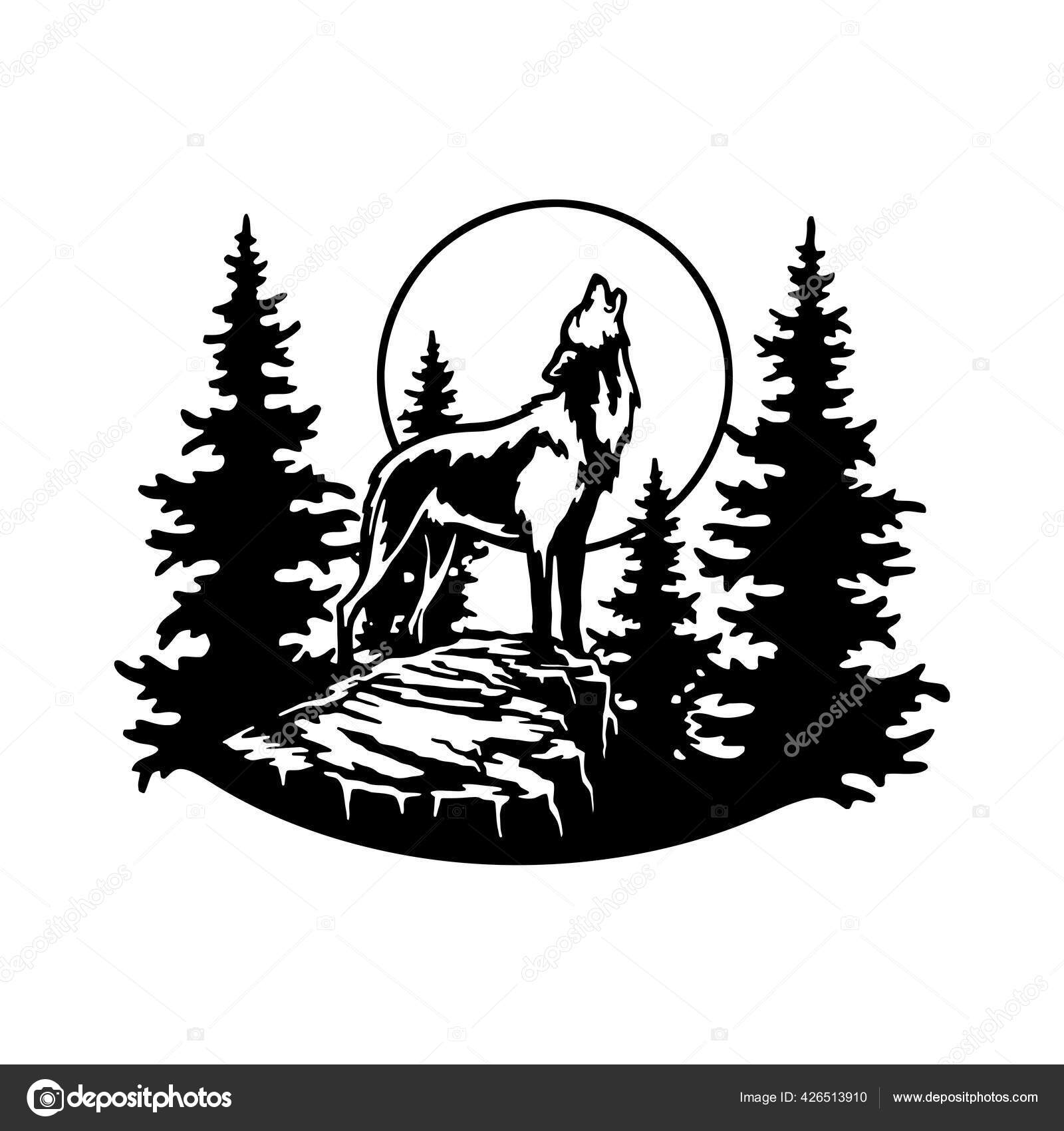 Wolf howls at the moon - forest landscape, Wildlife Stencils - Forest