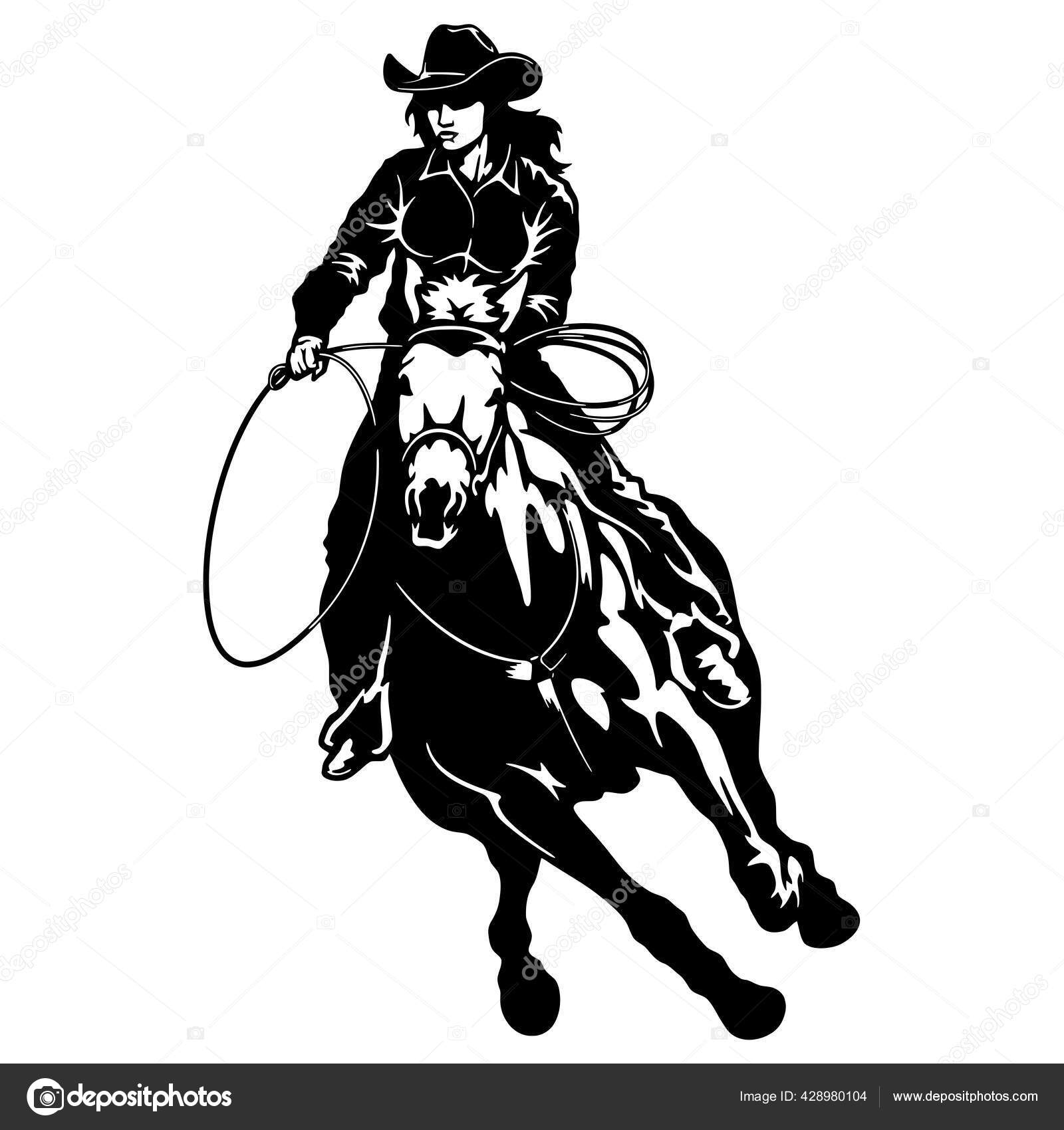 Vaquera De Rodeo Montando A Caballo Poster Estilo Retro Stock Vector