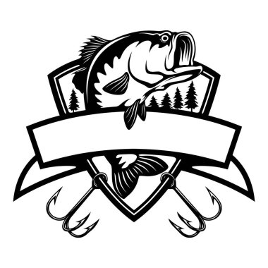 Bass fish and fishing hook - Fishing logo. Template club emblem. Fishing theme vector illustration. vector Bass fish and fishing hook - Fishing logo. Template club emblem. Fishing theme vector illustration. vector