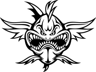 Köpekbalığı logosu. Şablon kulüp amblemi. Balıklama temalı vektör illüstrasyonu.