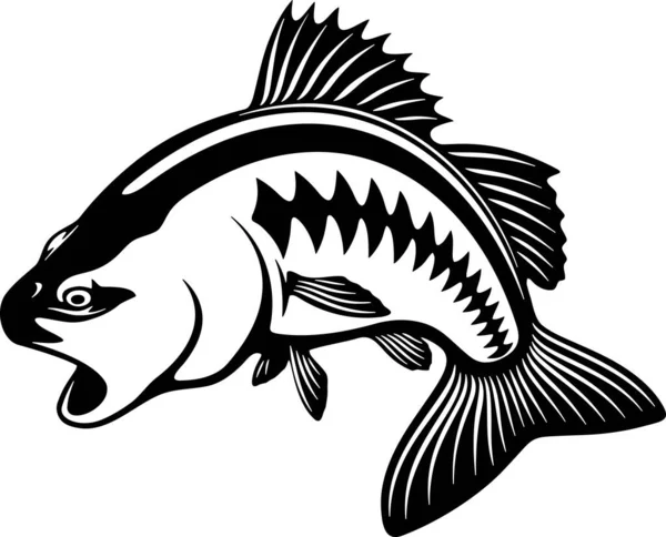 Levrek balığı ve olta kancası, balık amblemi. Şablon kulüp amblemi. Balıklama temalı vektör illüstrasyonu. — Stok Vektör