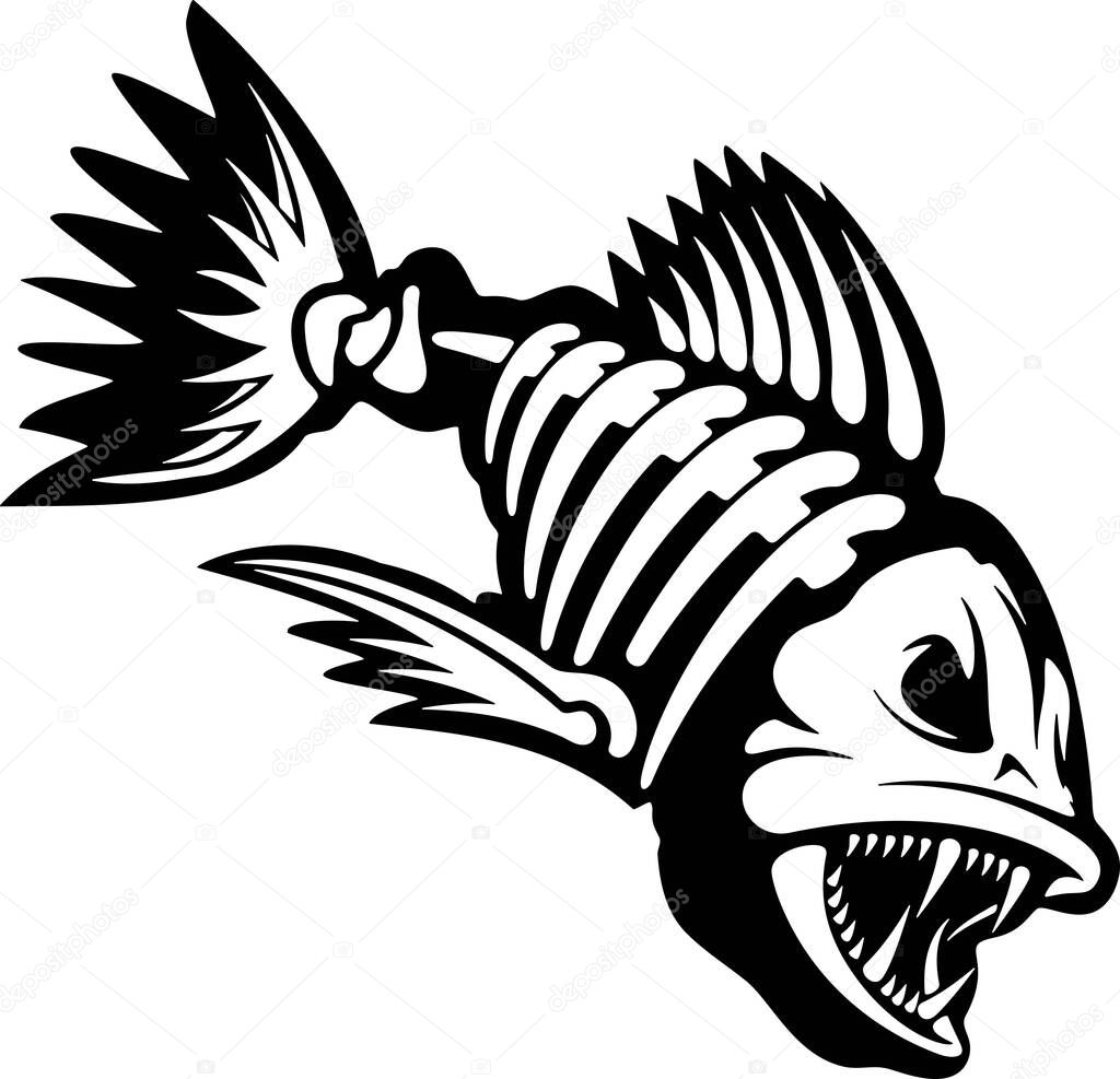 Skeleton fish, monster fish, piranha - Stylized fish, Fishing logo. Template club emblem. Fishing theme vector illustration. Vector clipart isolated on white. Monochrome style.