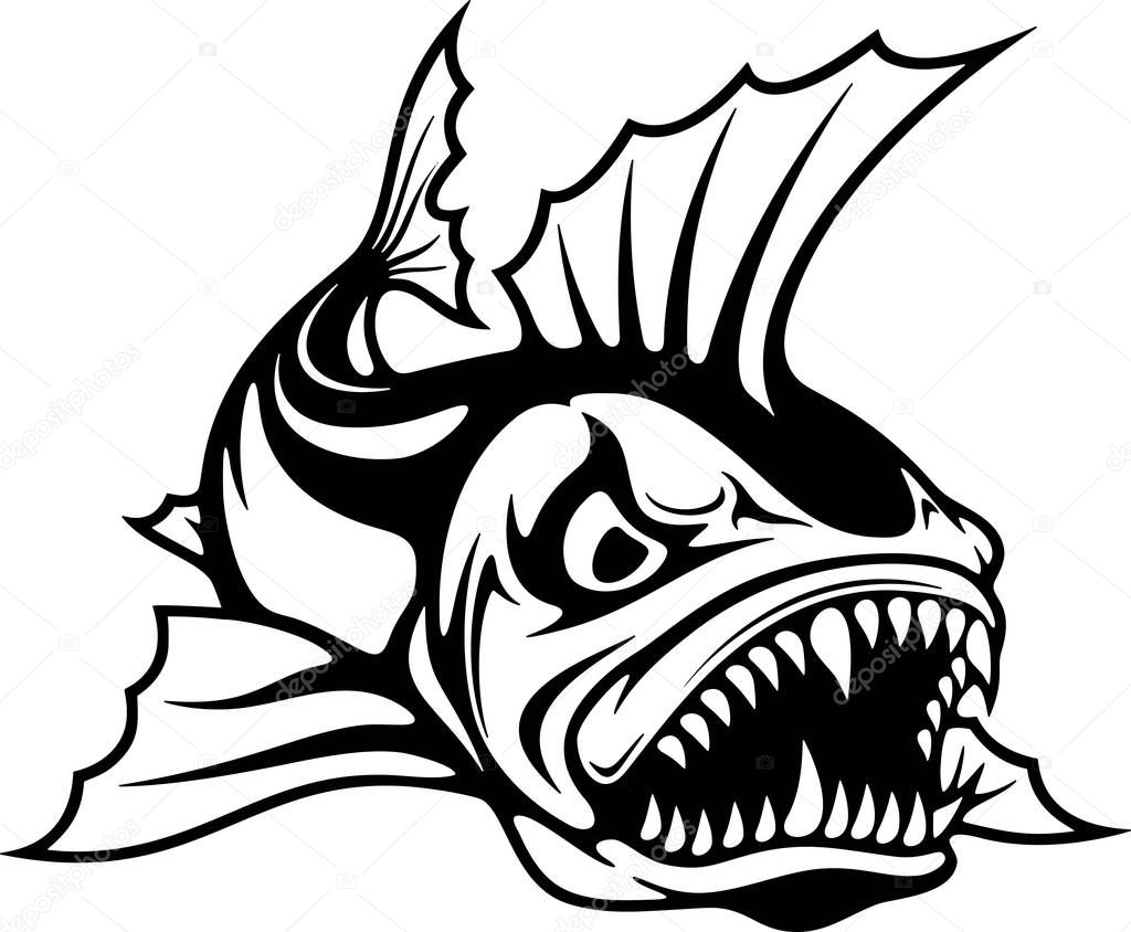 Catfish, monster fish - Stylized fish, Fishing logo. Template club emblem. Fishing theme vector illustration. Vector clipart isolated on white. Monochrome style.