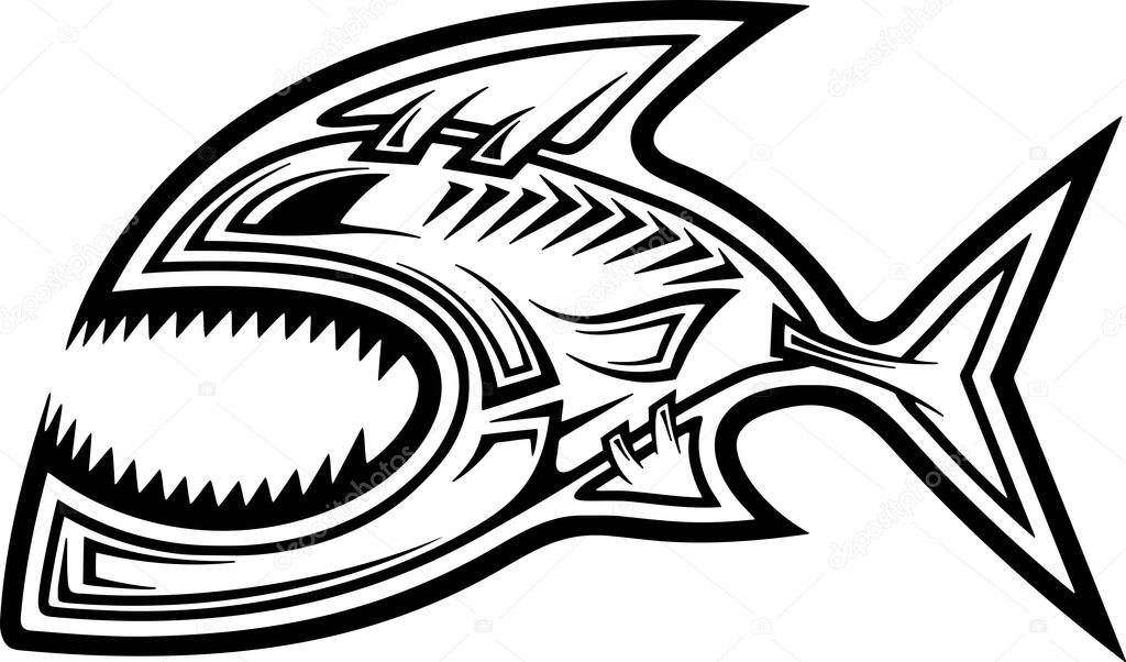 Totem fish, monster fish, piranha - Stylized fish, Fishing logo. Template club emblem. Fishing theme vector illustration. Vector clipart isolated on white. Monochrome style.
