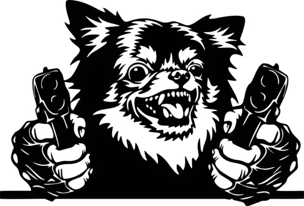 Angry Chihuahua - bad dog with gun - vector stencil - Stok Vektor