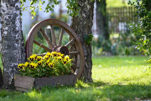 Koła wózka w ogrodzie — Zdjęcie stockowe