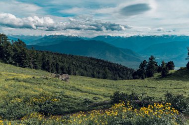 Tyungur köyü yakınlarındaki bulutlu gökyüzüne karşı Altai dağlarının manzarası.