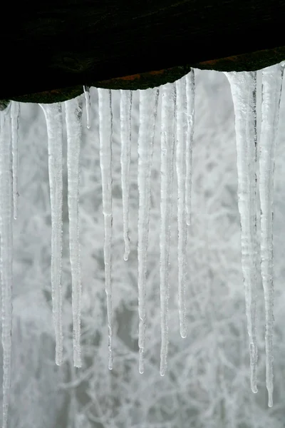 屋根の上につららがかかっている 冬の自然抽象芸術 物理現象 水の固体形態 — ストック写真