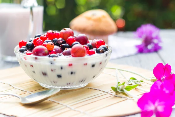 Desayuno jardín frutas grosellas grosellas suero de leche —  Fotos de Stock