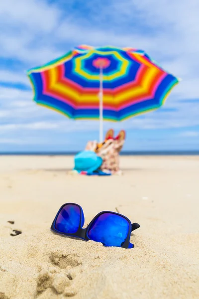 Blå solbriller, paraplybakgrunn – stockfoto