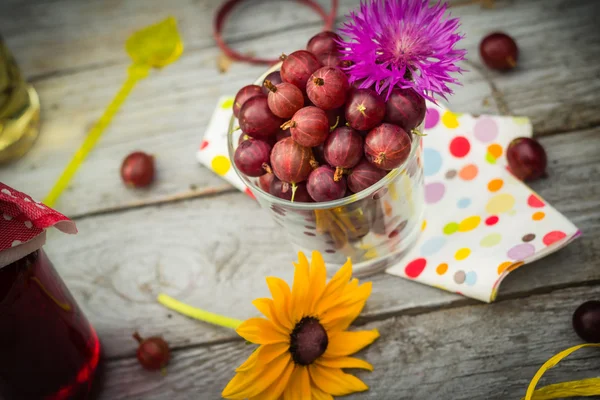 Sommer hölzerne Dessert Früchte Stachelbeere bunte Getränke — Stockfoto