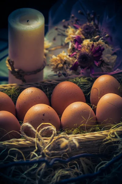 Easter composition Easter eggs candle Mystical light — Stock Photo, Image