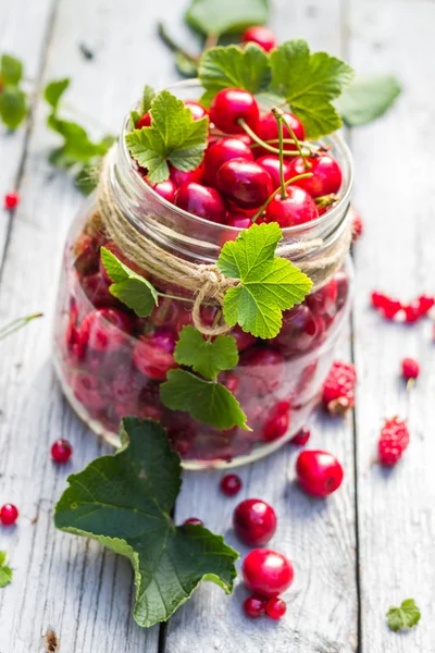 Tarro de vidrio lleno de frutas cerezas y grosellas — Foto de Stock