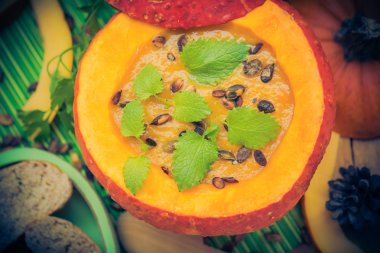 Hizmet içi boş meyve vintage halloween balkabağı çorbası yemek