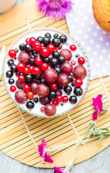 Café da manhã jardim frutas groselhas groselhas leitelho — Fotografia de Stock