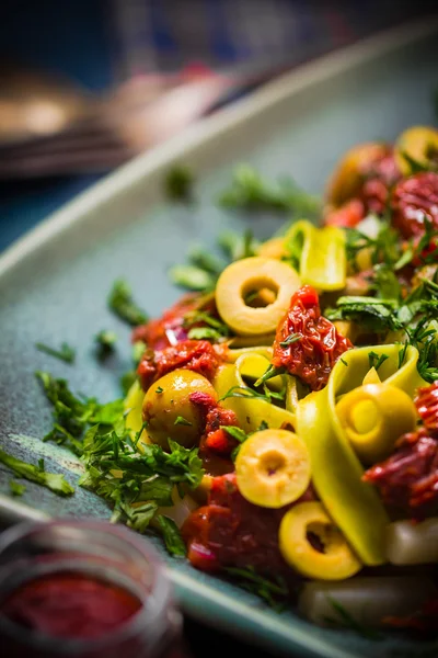 Pasta tomato sauce capers asparagus Magic light — Stock Photo, Image