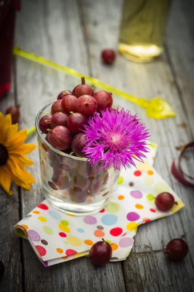 Sommer hölzerne Dessert Früchte Stachelbeere bunte Getränke — Stockfoto