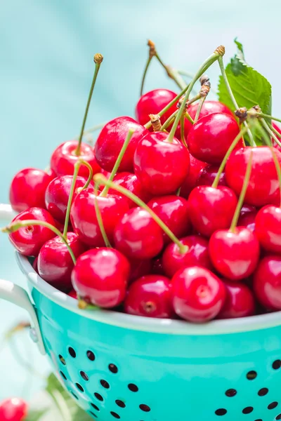 Frische rote Kirschfrüchte grüner Sieb — Stockfoto