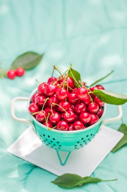 taze kırmızı kiraz meyve kevgir yeşil