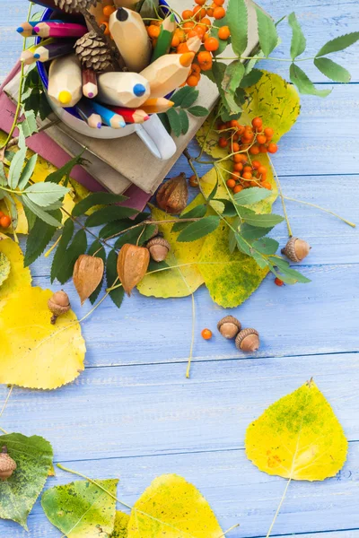 Pencils books concept back school autumn fruit — Stock Photo, Image