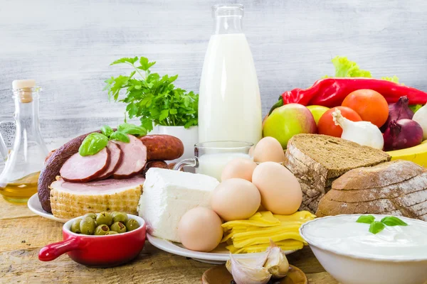 Composition grocery products dairy vegetables fruits meat — Stock Photo, Image
