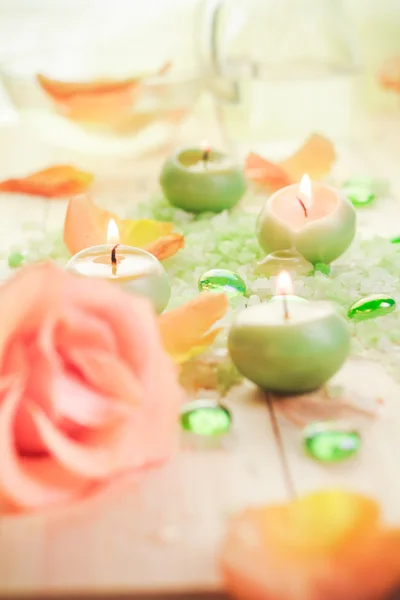 Scented candles salt bath attributes relaxation — Stock Photo, Image