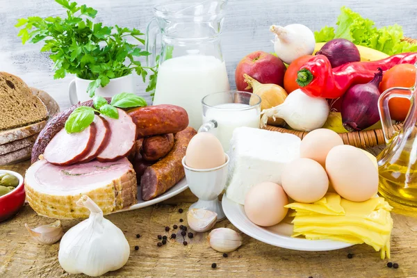 Composition variety grocery products meat dairy — Stock Image Composition variety grocery products meat dairy Royalty Free Stock Images