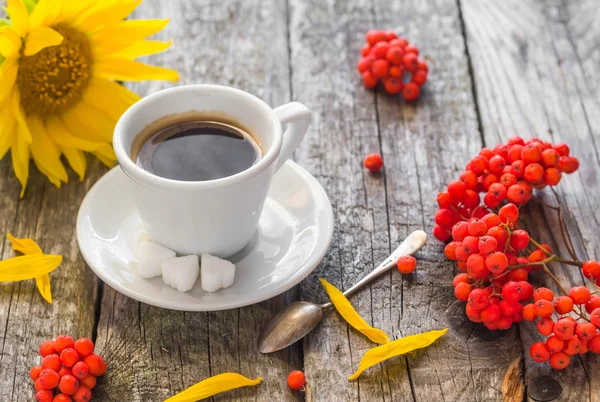 Koffie beker zwarte houten bord bruin rowan zonnebloem wit — Stockfoto