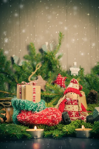 Christmas handmade sock Mascot tree decorations pine needles — Stock Photo, Image