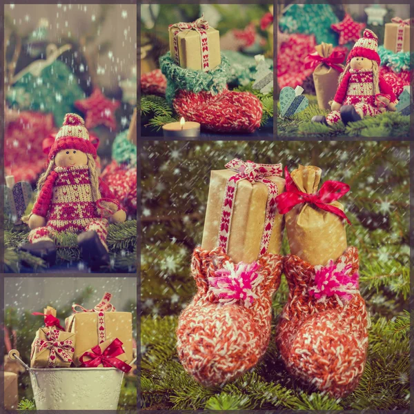 Collage Weihnachtsschmuck Geschenke Fichte Weihnachtsmann Schnee Schnee — Stockfoto