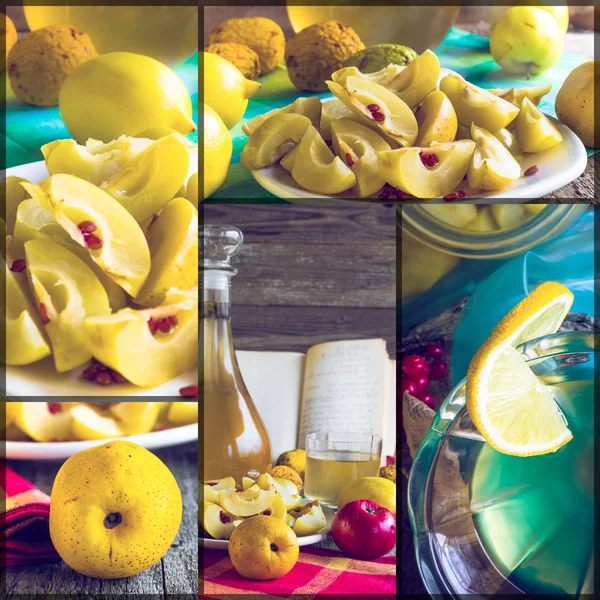 Collage tinktur kvitten frukt apple alkoholintag — Stockfoto