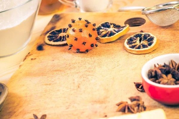 Ingredients preparation iced christmas gingerbread kitchen table — Stock Photo, Image