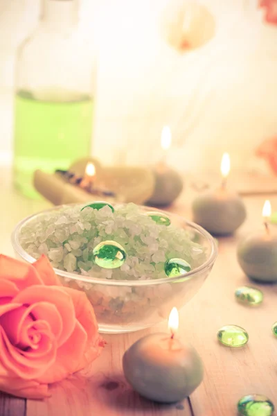 Spa concept salt bath scented candles — Stock Photo, Image