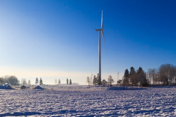 Winter landscape trees snow covered fields windmills — Stock Photo, Image
