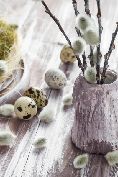 Fondo de Pascua huevos de codorniz catkins mesa de madera —  Fotos de Stock