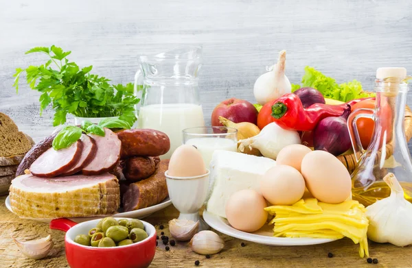 Composition variety grocery products meat dairy — Stock Image Composition variety grocery products meat dairy Stock Image
